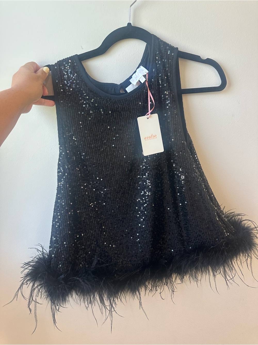 entro Black Sequin Feather Trim Tank Top